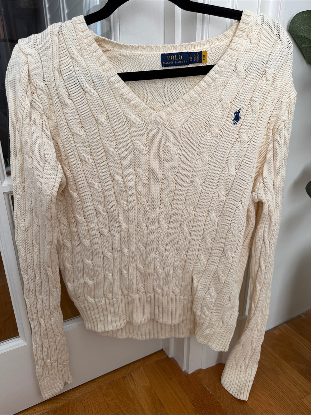 Polo by Ralph Lauren Cream Cable V-Neck Sweater with Navy Pony